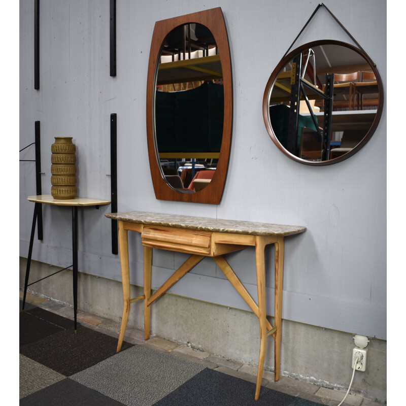 Vintage round italian mirror in solid teak leather and brass 1950