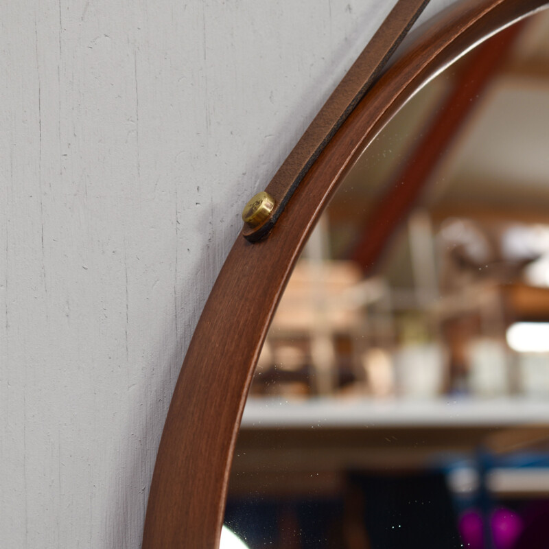 Vintage round italian mirror in solid teak leather and brass 1950