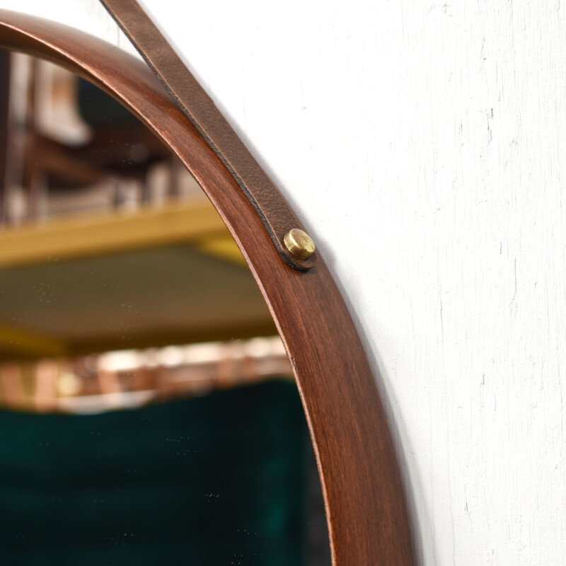 Vintage round italian mirror in solid teak leather and brass 1950