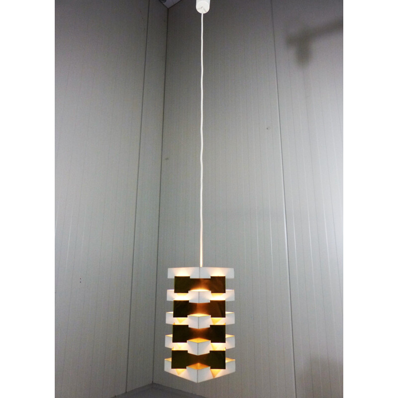 Vintage brass and white steel pendant light, Denmark, 1960s