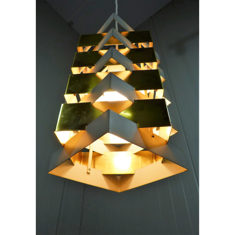 Vintage brass and white steel pendant light, Denmark, 1960s