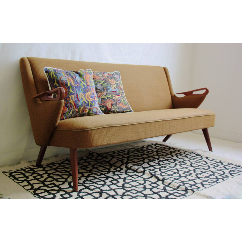 Scandinavian 2 seater sofa in teak and fabric - 1950s