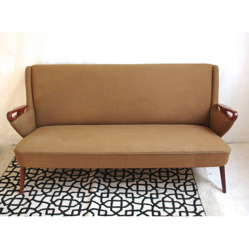 Scandinavian 2 seater sofa in teak and fabric - 1950s