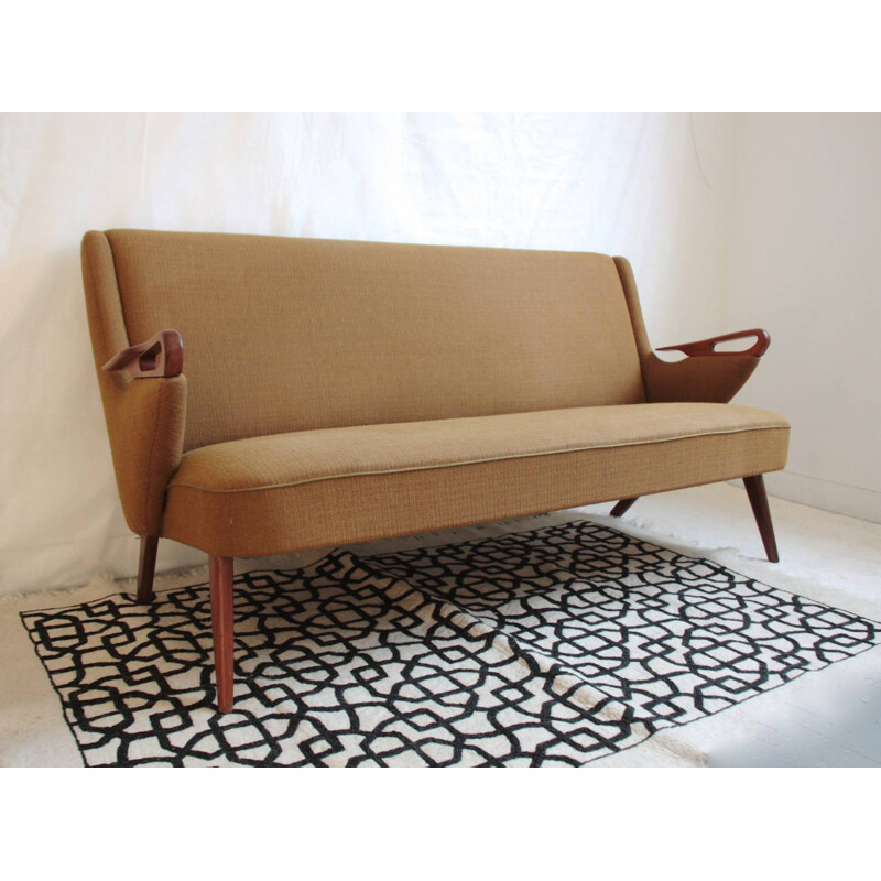 Scandinavian 2 seater sofa in teak and fabric - 1950s