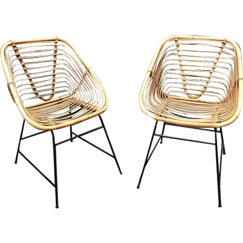 Set of 2 vintage rattan chairs, 1960s