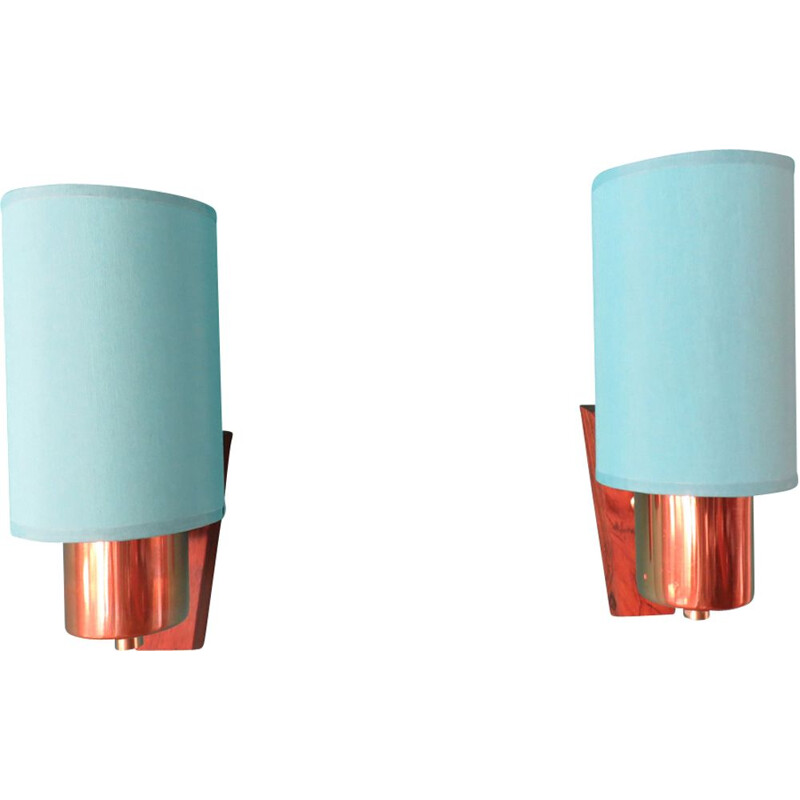 Pair of vintage blue wall lamp in rosewood and brass, Denmark 1960