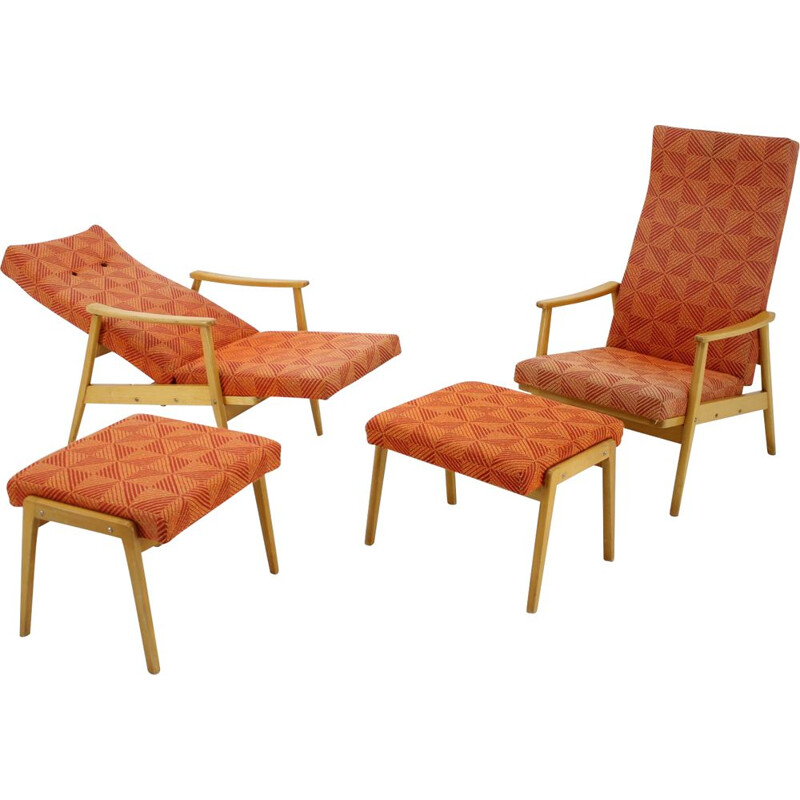 Vintage pair of adjustable armchairs with footstools by Thon, 1970.