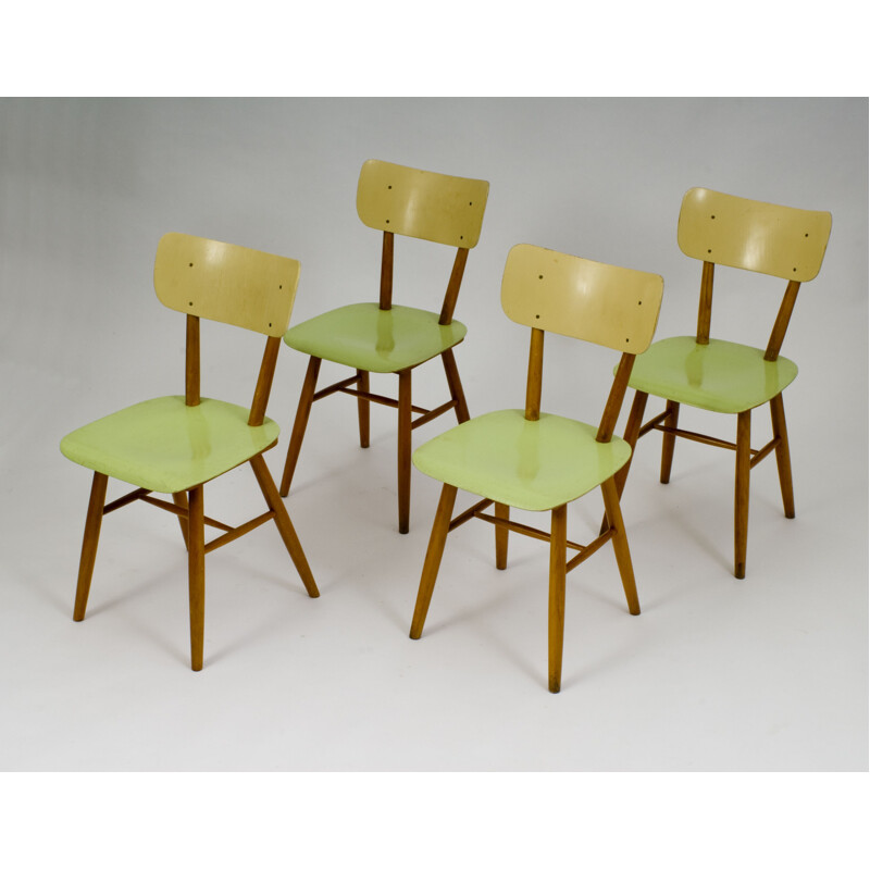 Ensemble de 4 chaises à repas en bois Ton vintage 1960