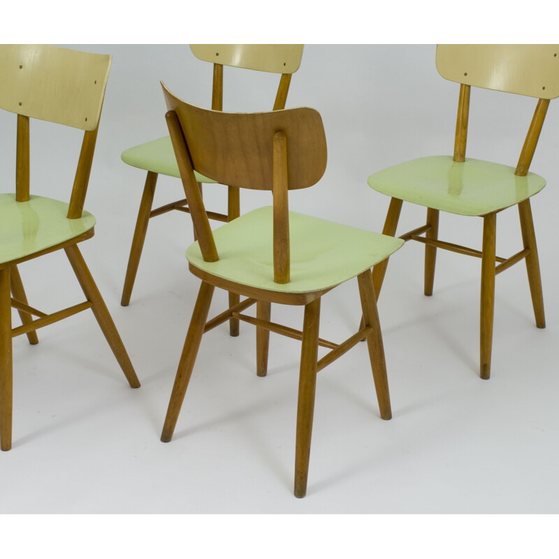 Ensemble de 4 chaises à repas en bois Ton vintage 1960