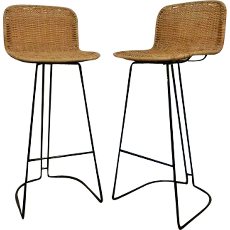 Set of 2 vintage rattan stools, 1980s