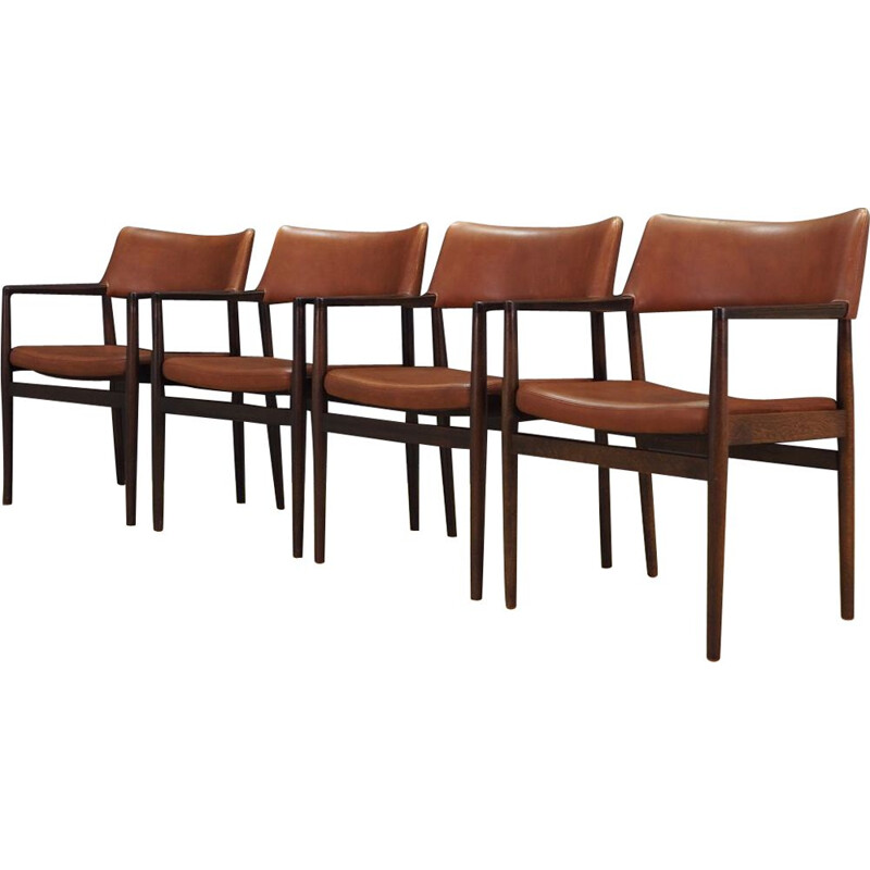 Vintage set of 4 leather and oak armchairs, Denmark, 1960-70s