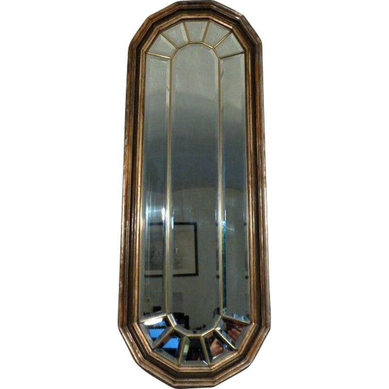 Vintage glass pane mirror with wooden and brass, 1940s