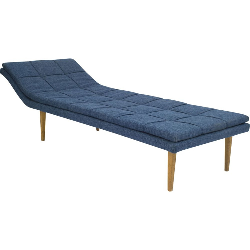Vintage daybed in wooden constuction and refurbished in blue fabric 1960