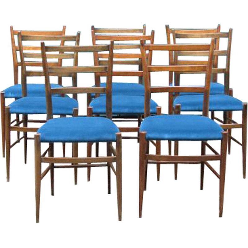 Suite de 8 chaises vintage italiennes retapissées en velours bleu, 1960