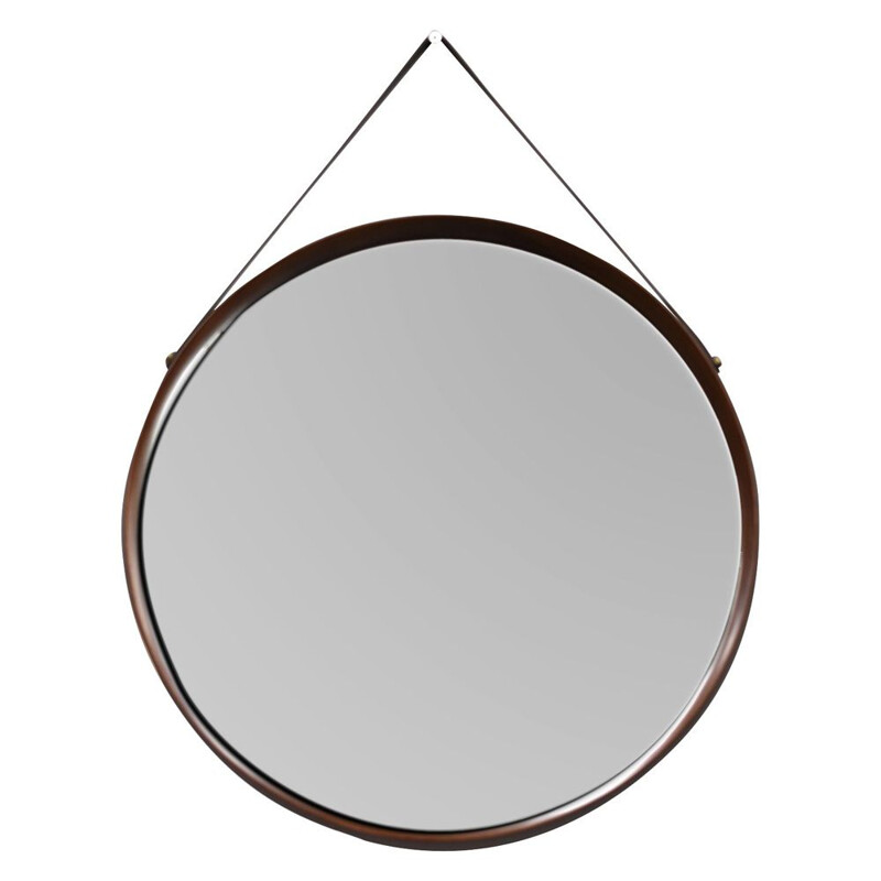 Vintage round italian mirror in solid teak leather and brass 1950