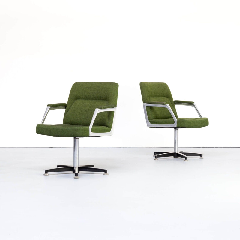 Set of 2 vintage aluminium and fabric office armchairs, 1970s