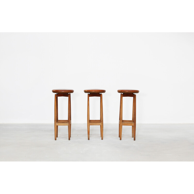 Set of 3 vintage oak bar stools, Denmark, 1960s