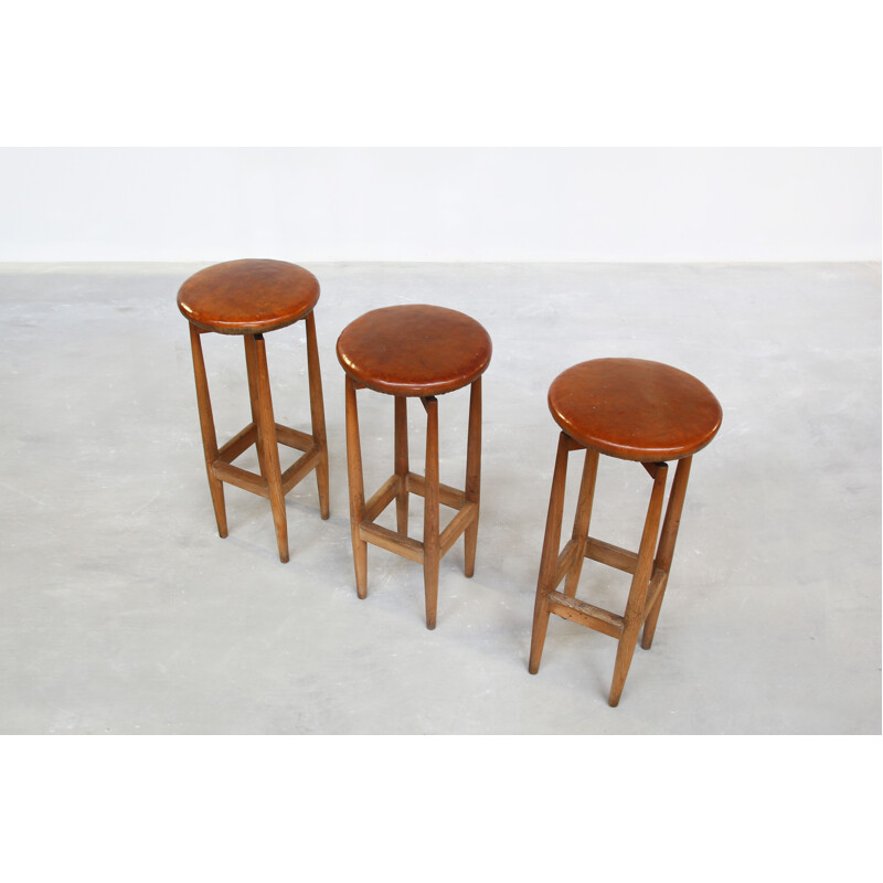 Set of 3 vintage oak bar stools, Denmark, 1960s
