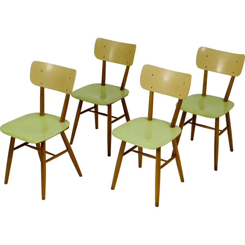 Ensemble de 4 chaises à repas en bois Ton vintage 1960