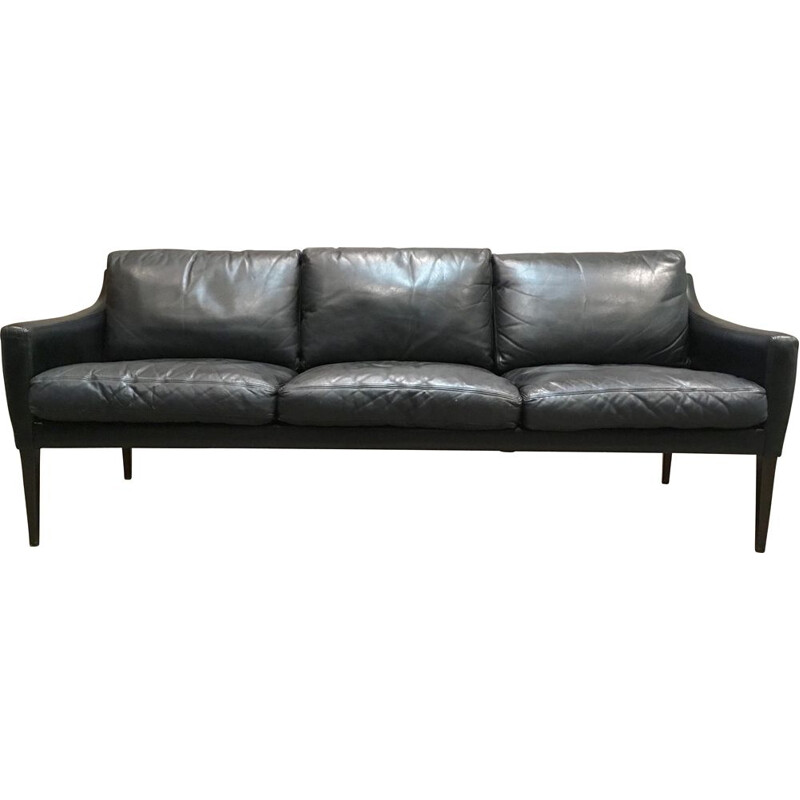 Hans Olsen vintage 3-seater Scandinavian black leather sofa 1950