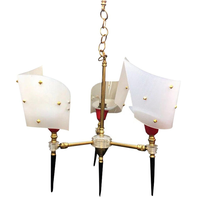 Vintage brass 3 lights chandelier, France, 1960s