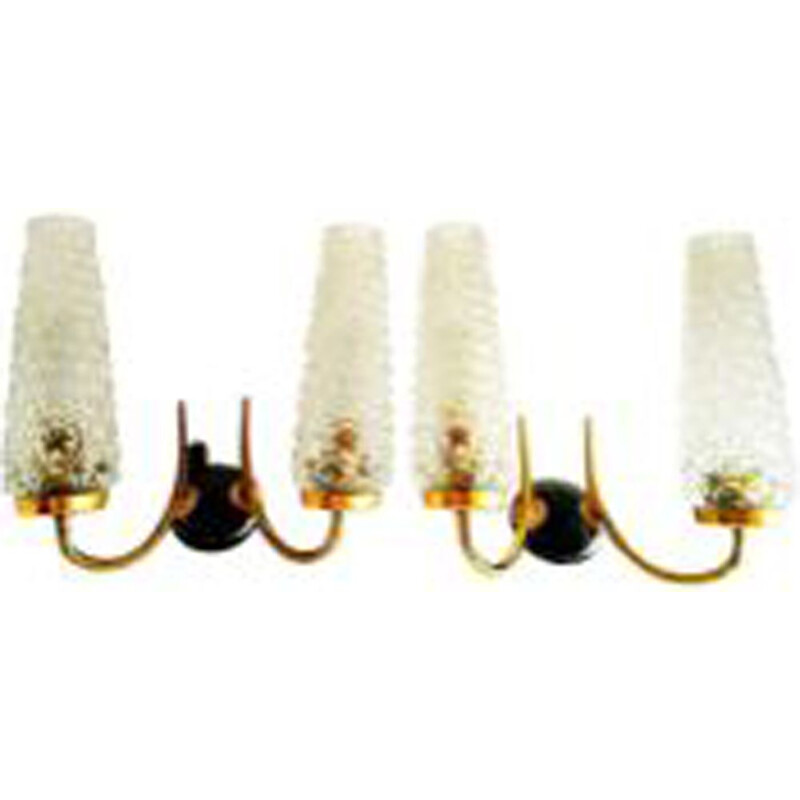 Set of 2 vintage glass and brass wall lamps by Arlus, 1950s