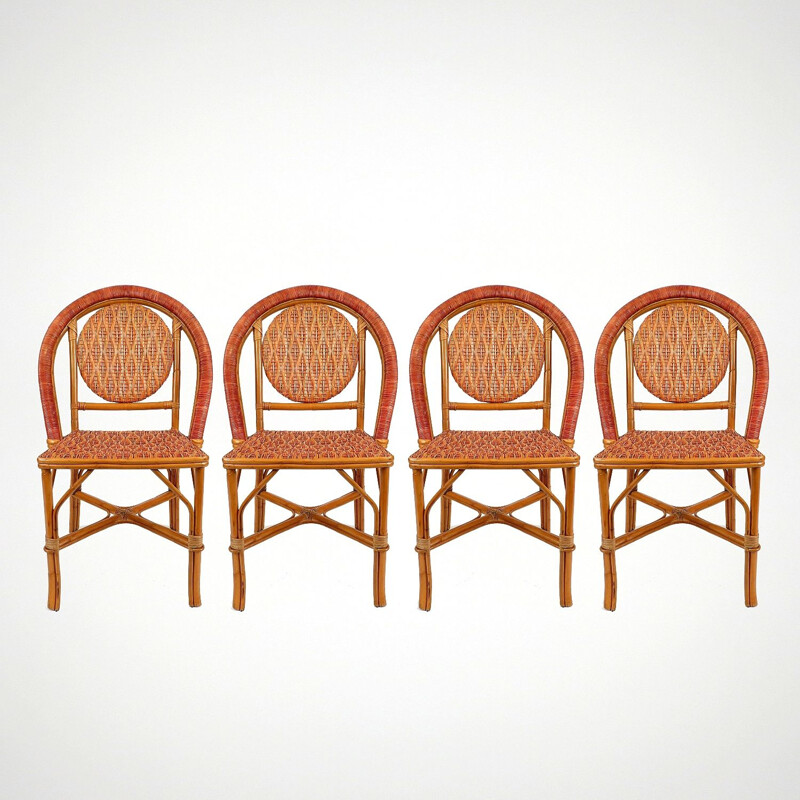 Ensemble de 4 chaises de bistrot vintage françaises en rotin, 1960