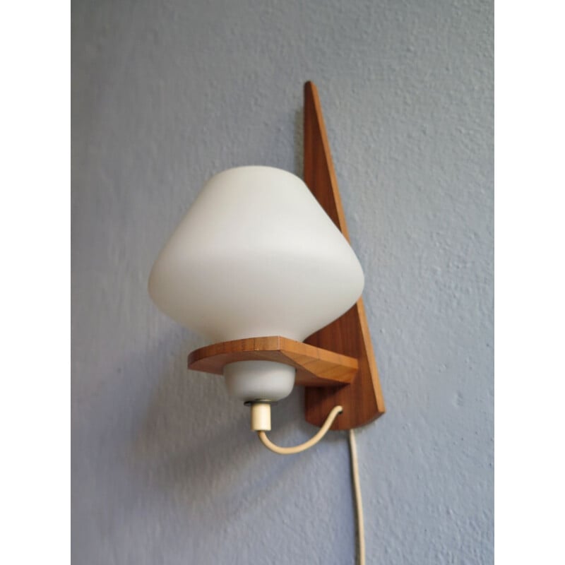 Vintage teak and opaline glass wall lamp, 1950s