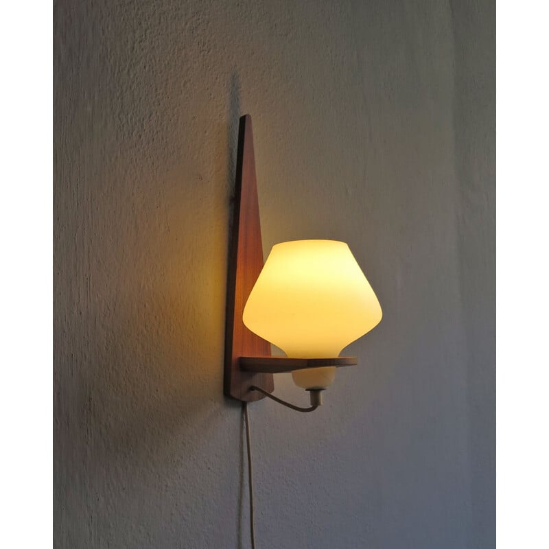 Vintage teak and opaline glass wall lamp, 1950s