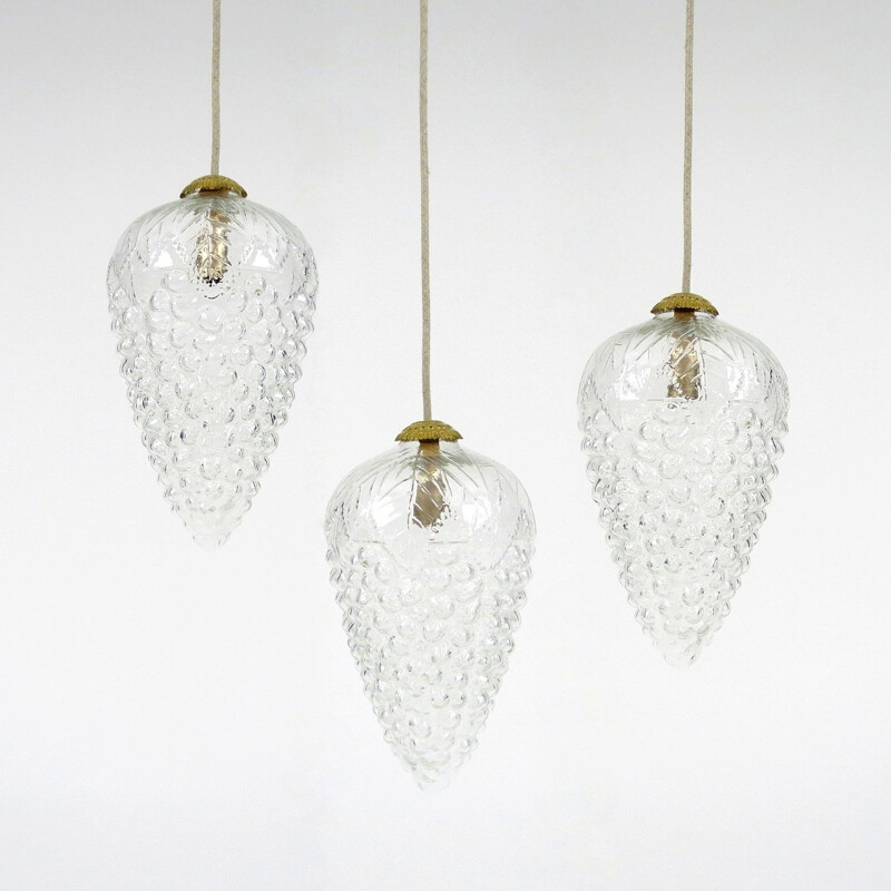 Set of 3 glass and brass pendant lights, 1970s