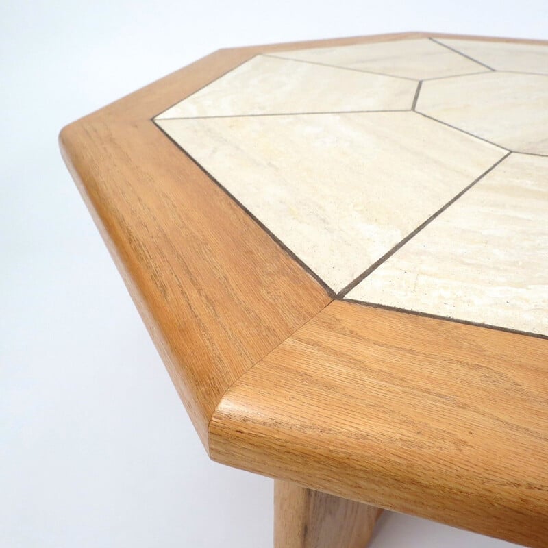 Travertine and oak vintage  coffee table, 1970s