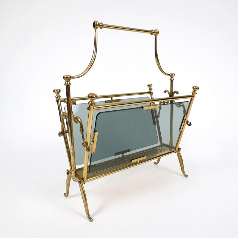 Vintage brass and smoked glass magazine rack by Bagués, 1960