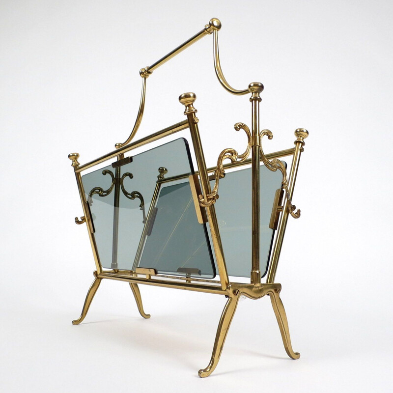 Vintage brass and smoked glass magazine rack by Bagués, 1960