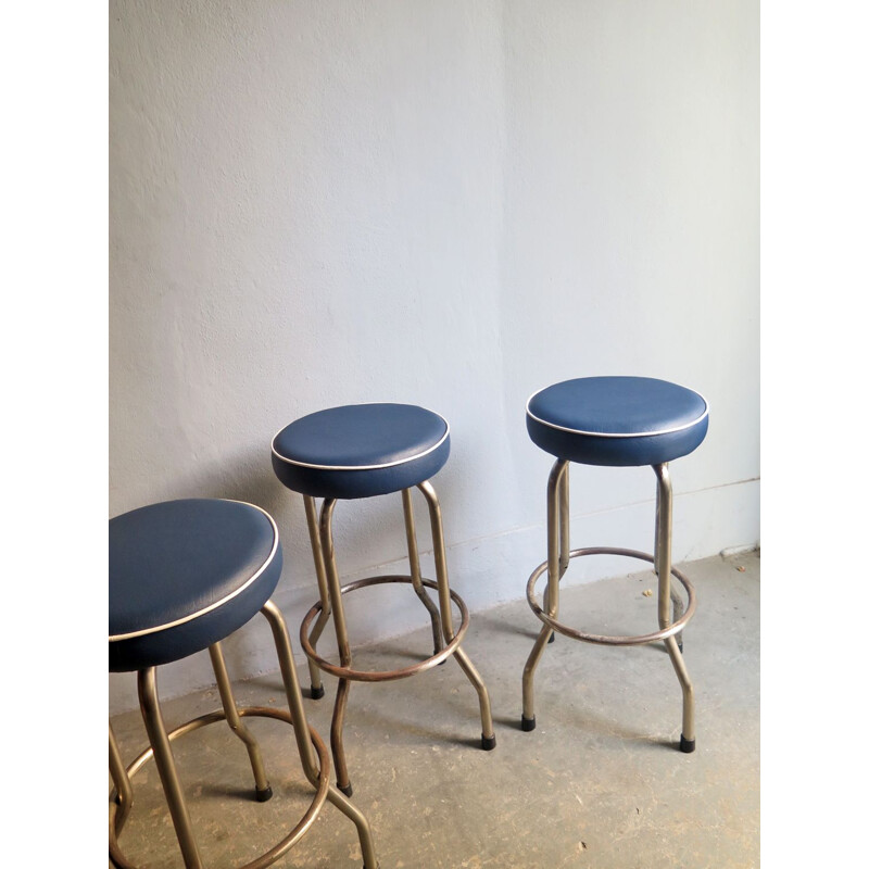 Vintage stool in metal and blue leatherette, 1950s