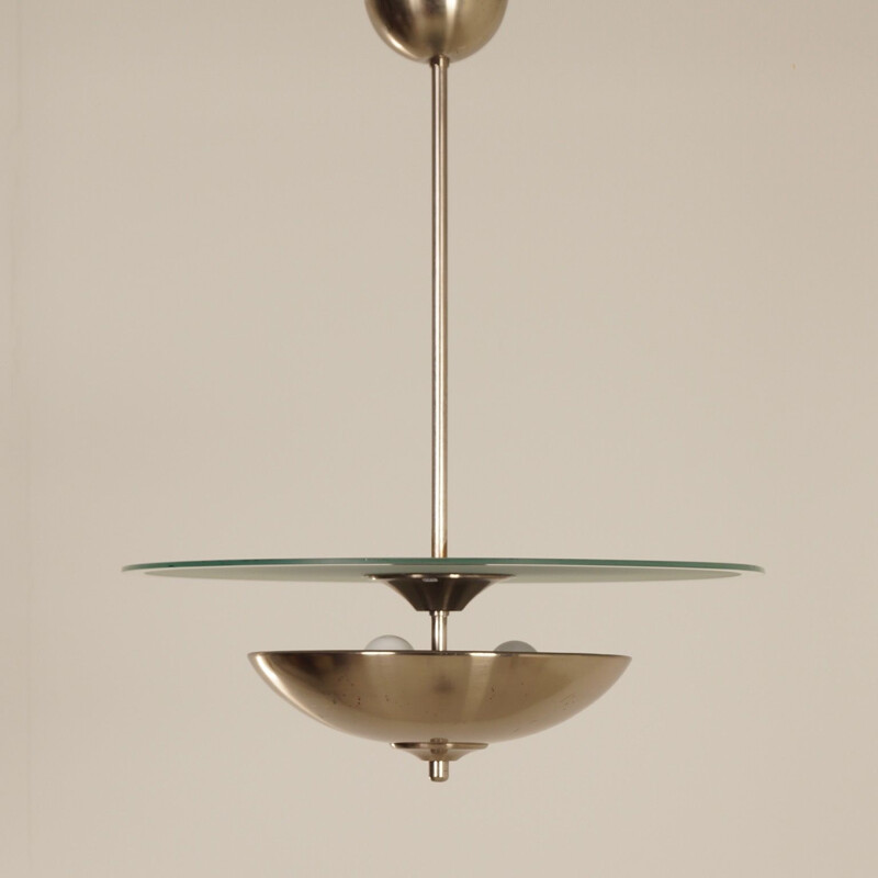 Art Deco vintage pendant light with glass disc, 1930s