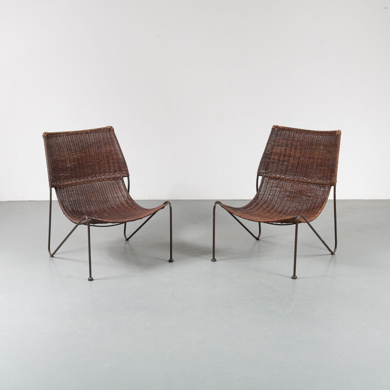 Set of 2 vintage wicker chairs by Frederick Weinberg, USA, 1950s