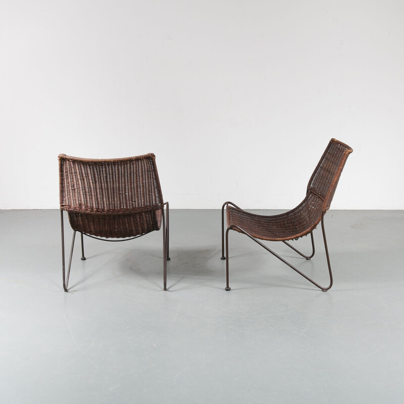Set of 2 vintage wicker chairs by Frederick Weinberg, USA, 1950s