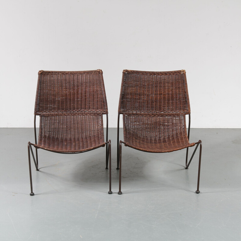 Set of 2 vintage wicker chairs by Frederick Weinberg, USA, 1950s