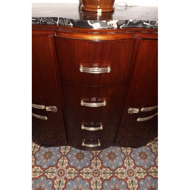Large vintage buffet in solid mahogany and marble, 1930s