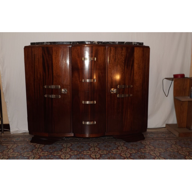 Large vintage buffet in solid mahogany and marble, 1930s