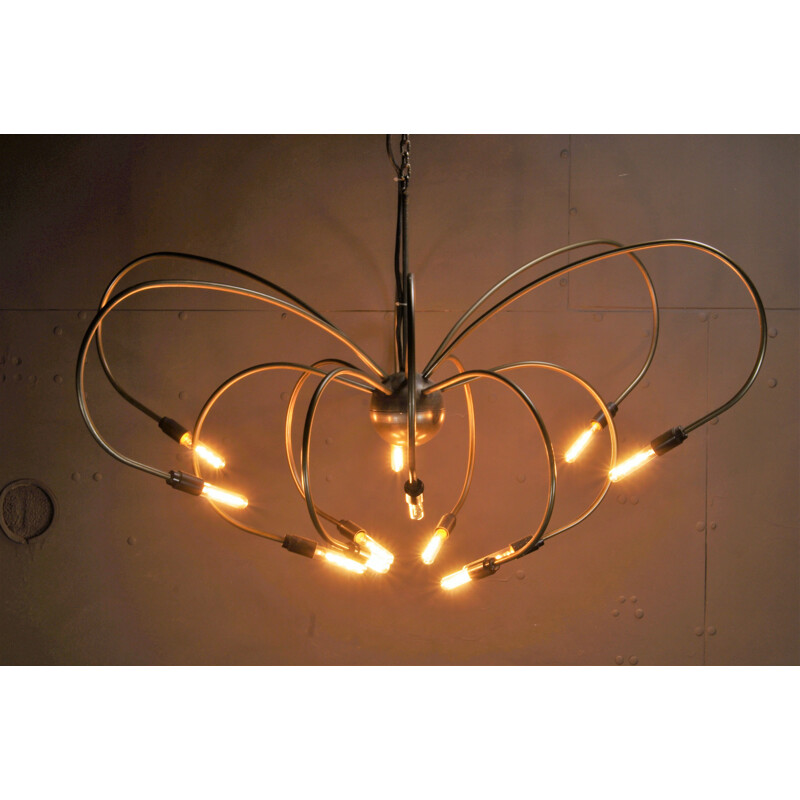Vintage brass 12-armed chandelier with filiament bulbs, 1980s