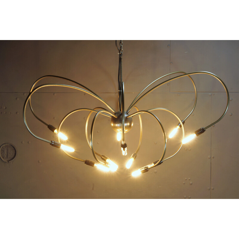 Vintage brass 12-armed chandelier with filiament bulbs, 1980s