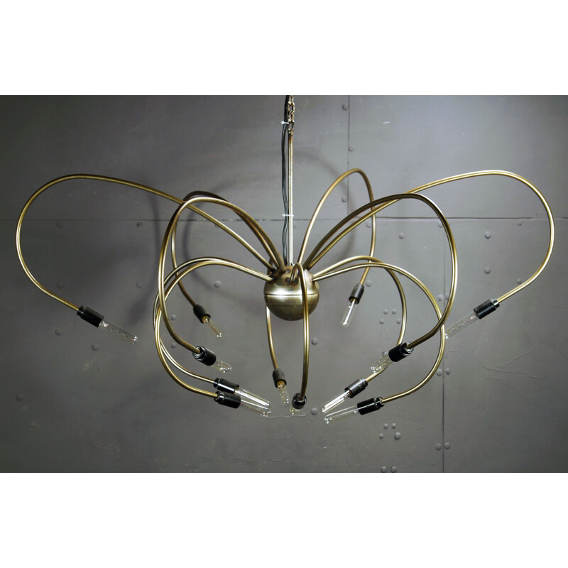 Vintage brass 12-armed chandelier with filiament bulbs, 1980s