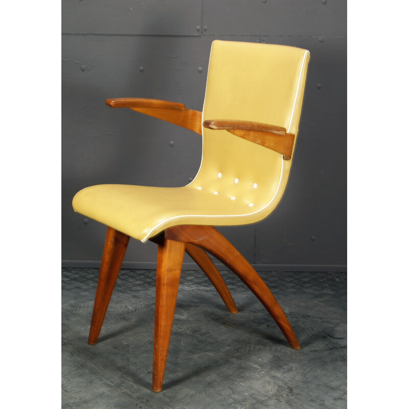 Vintage yellow mahogany and skai chair by C.J. van Os