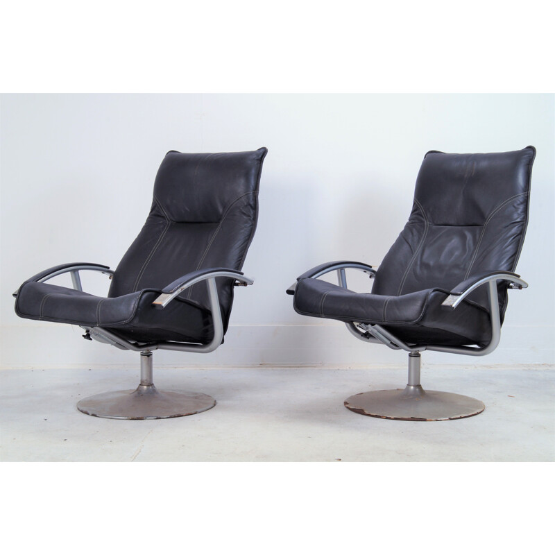Set of 2 vintage raw industrial leather recliners armchairs
