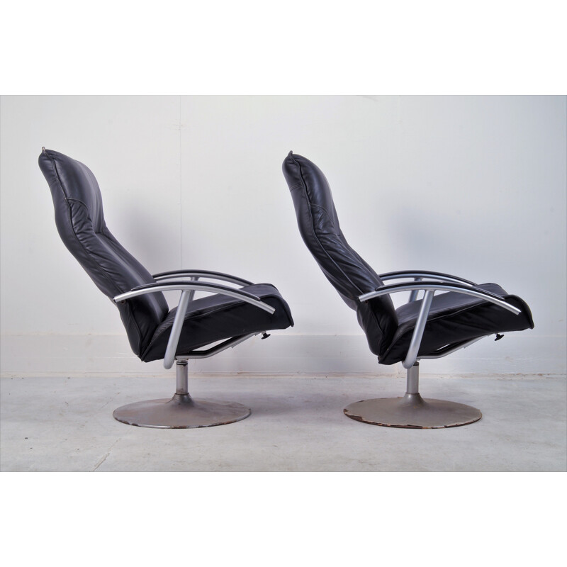 Set of 2 vintage raw industrial leather recliners armchairs