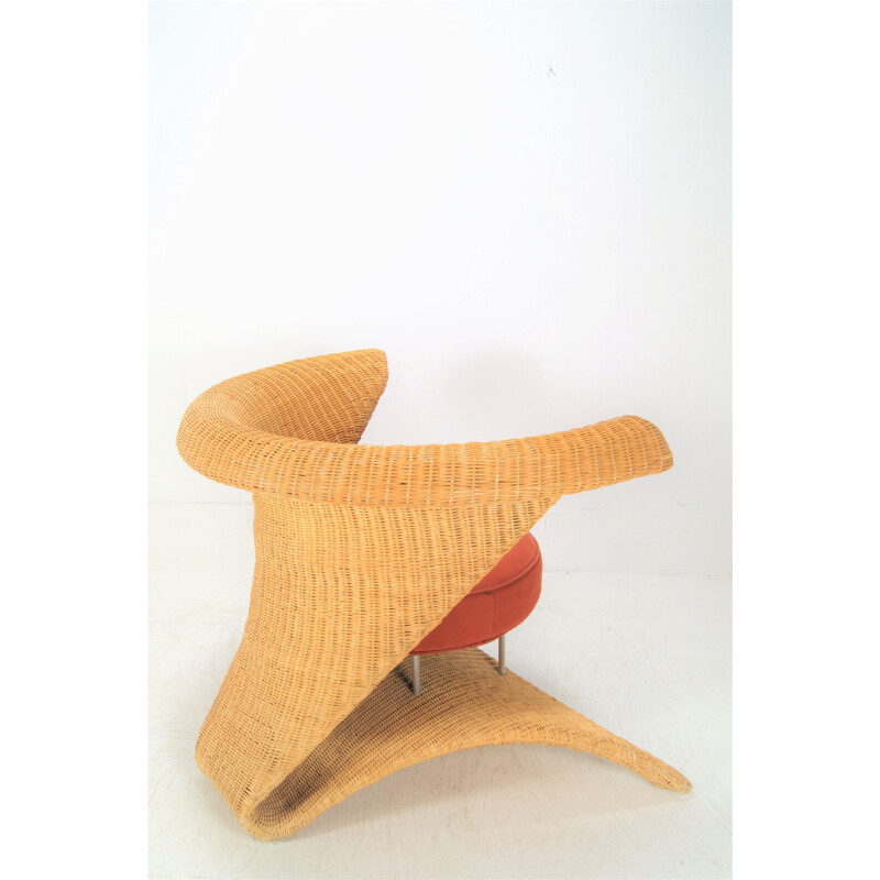 Vintage rattan and cotton armchair, 1970s