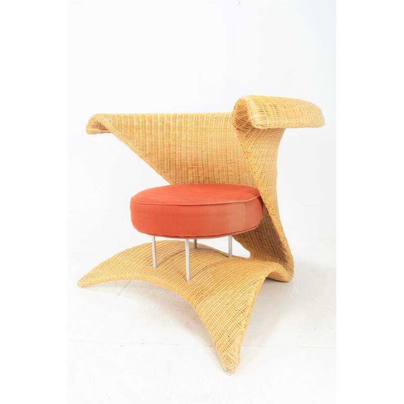 Vintage rattan and cotton armchair, 1970s