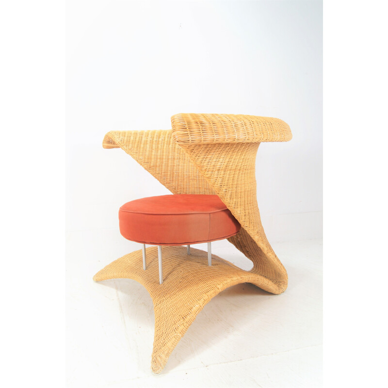 Vintage rattan and cotton armchair, 1970s