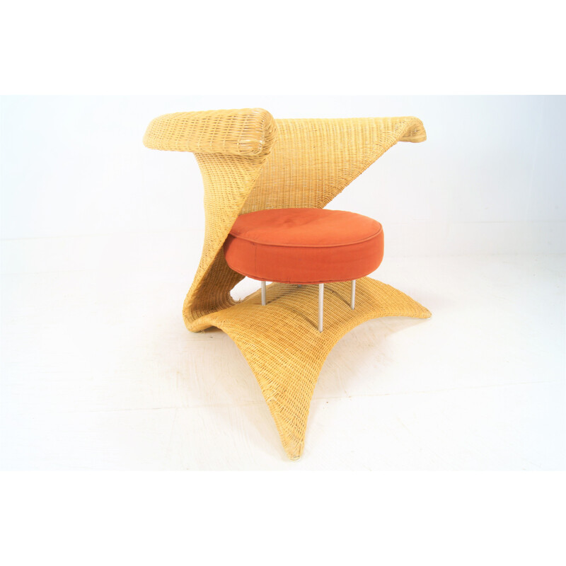 Fauteuil vintage en rotin et coton,1970